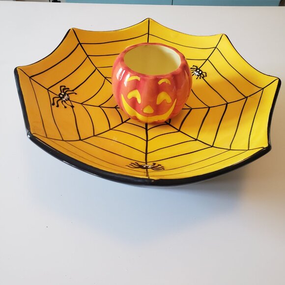 Halloween Pumpkin Spider Web Candy Dish / Chips & Dip Vintage Dennis East Decor - Picture 2 of 8